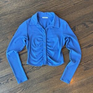 Reformation Blue Button Up Ribbed Long Sleeve Cropped length Top size Small EUC